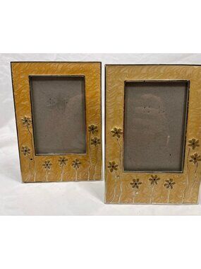 Set of 2 ELSA L Floral Photo Frames Yellow Enamel Jeweled Silver Tone 5x7
